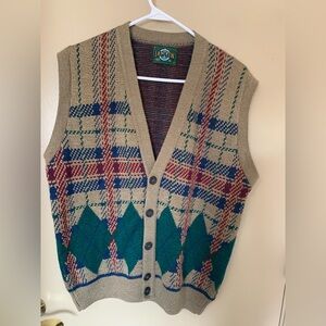Vintage Jantzen Sweater Vest Mens M Plaid Striped Button Up Acrylic 90s
